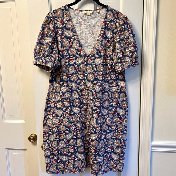 Boden V- Neck Cotton Jersey Puff Sleeve A-Line Dress Red Blue Paisley Size 14L - Picture 1 of 9
